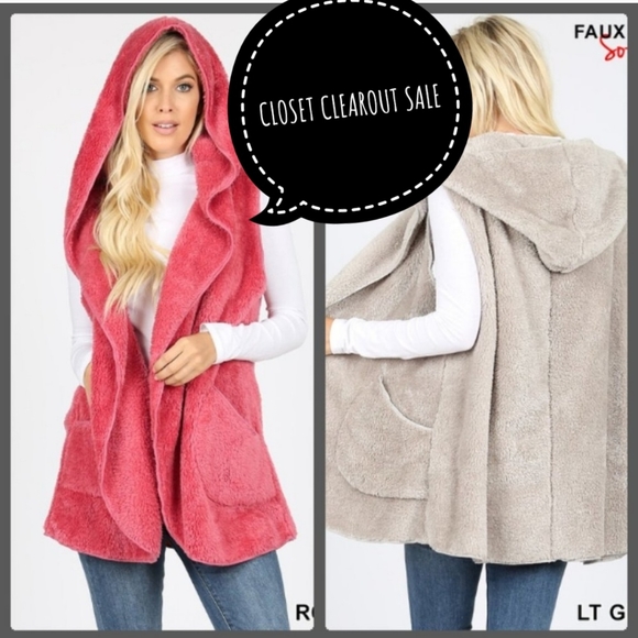 NEW HOODED TEDDY SHERPA FAUX FUR VEST ROSE PINK - Picture 1 of 4